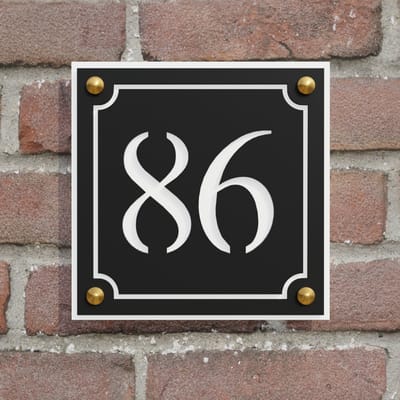 Huisnummerbord vierkant met elegant kader - zwart/wit - gouden RVS afstandshouders - 20 cm