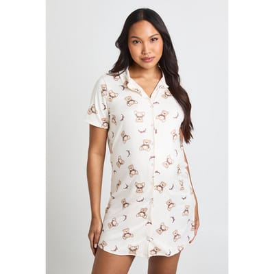 boohoo Dames Zwangerschaps Nachthemd Met Berenprint En Strikjes, Kraag En Knoopsluiting | Light Brown | Maat: 40