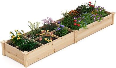 COSTWAY Verhoogd bloembed, hout, tuinbed met 2 plantenbakken en scheidingswanden, kruidenbed voor tuin, balkon, binnenplaats, terras, plantenbed, dennenhout, 228 x 62 x 25 cm, naturel