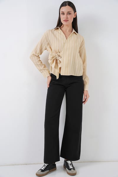 Gestreepte Lange Mouwen Shirt met Strikdetail