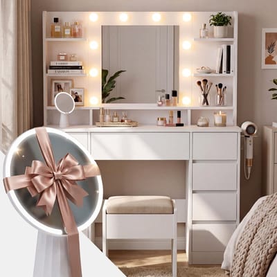 CLP Pretty Kaptafel met Hollywoodspiegel - Inclusief Dimbare LED Verlichting & Föhnhouder - 9 Lades - wit