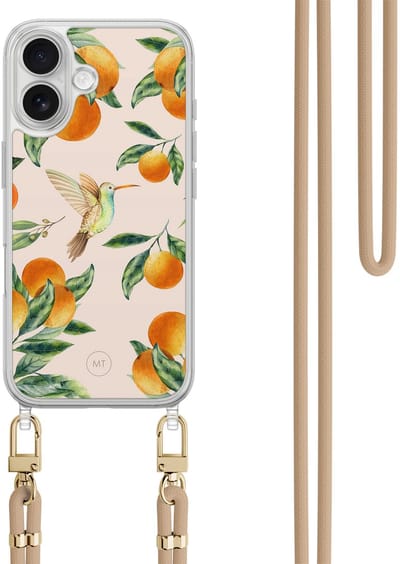 Hoesje met koord geschikt voor iPhone 16 - Tropical fruit - Inclusief zwart koord - Crossbody beschermhoes - Transparant, Multi - Mooie Telefoonhoesjes