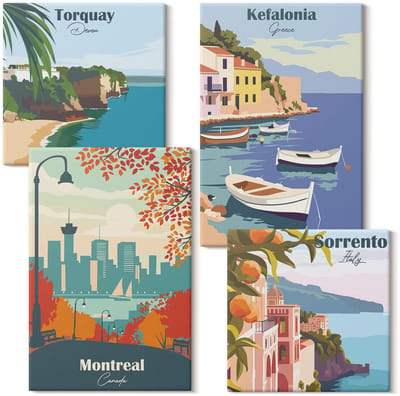 Wallfluent Set van canvas schilderijen - Retro-uitzichten op steden en landschappen van over de hele wereld Canvas Schilderijen Set - Set van 4 Canvas Schilderijen - Veelkleurig Set van Canvas Prints - Steden Canvas Kunst Set