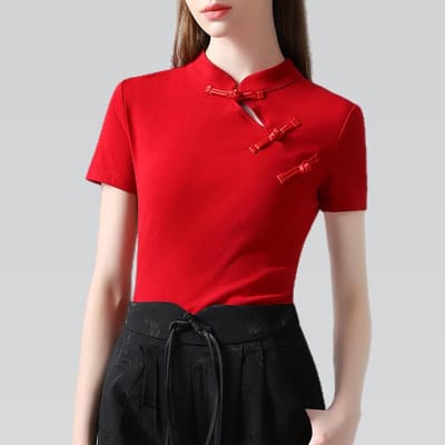Nouveau Haut de Style Chinois à Patte Oblique et Col Montant pour l'Été Nouveau T-shirt à Manches Courtes pour Femmes Haut de Gamme Rétro Style Chinois pour Femmes M rouge