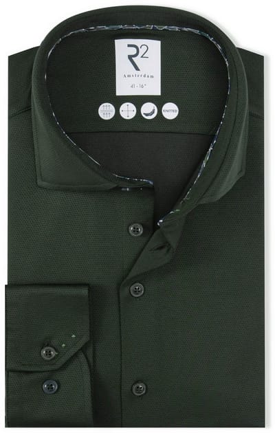 R2 Overhemd Dobby Travel Shirt Donkergroen - Maat 45 - Heren - Overhemden Formeel