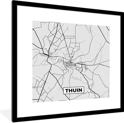 Fotolijst incl. Poster Zwart Wit- Stadskaart – Plattegrond – België – Zwart Wit – Thuin – Kaart - 40x40 cm - Posterlijst