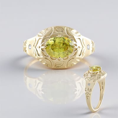 Cavill - Gouden ring met Madagaskar sfeen 1,18 ct - 9K geel goud - Ovale sfeen ring met zirconia - Elegante vintage damesring met gravure