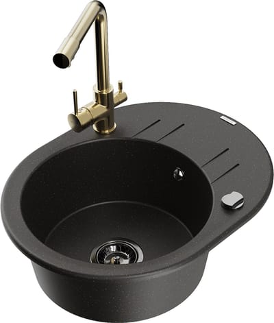Mexen Kevin granieten gootsteen 1-kompartment met afdruiprek en keukenkraan Duero, zwart/goud metallic - 6517-75-671600-50-B