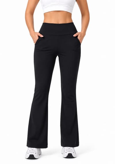 SparkNine Horizon flare broek - dames legging met zakken - petite pijplengte - M - zwart - hoge taille - stijlvol & elastisch - sportlegging
