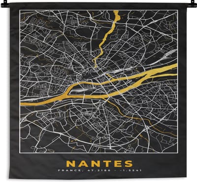 Wandkleed - Wanddoek - Stadskaart – Nantes - Plattegrond – Kaart – Frankrijk - 180x180 cm - Wandtapijt