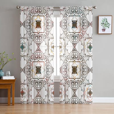 Vintage Vierkant Verloop Rasterlijnen Voile Transparante Gordijnen Woonkamer Raam Tule Gordijn Keuken Slaapkamer Gordijnen Huisdecoratie 135W x 114H(cm)