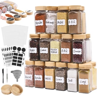 Vierkante Kruidenpotjes Set - 35-Delig 120 ml - Bamboe Deksel en Etiketten - Houten Deksel - Strooiinzetstuk - Trechter