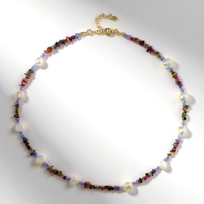 Cavill - 925 Sterling Zilver Verguld - Zilveren Halsketting met 10 Witte Zoetwaterparels, Toermalijn 29,37 ct & Tanzaniet 9 ct