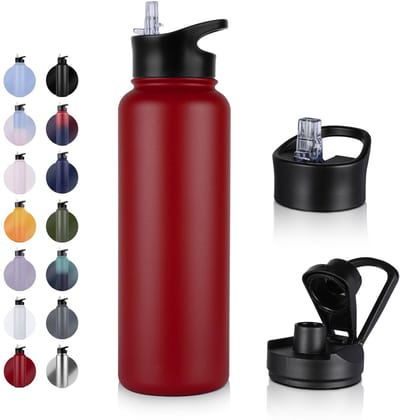 Dailygoody - Geïsoleerde waterfles - 1200 ml met rietjesdeksel en uitloopdeksel - Rood - Roestvrij staal - Dubbelwandig en lekvrij - Perfect voor