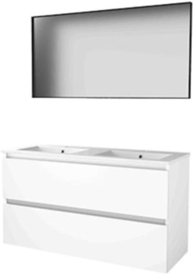 Basic-Line Framed 46 Badkamermeubelset - 120 x 46 cm - Greeploos - 2 Lades - Keramische Wastafel - 2 Kraangaten - Spiegel met Zwart Aluminium Frame - Ice White