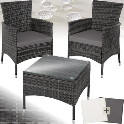 tectake® Wicker Tuinset met Verwisselbare Hoezen - 2 Tuinstoelen en Tuintafel met Glazen Blad - Loungestoelen met Armleuningen - Tuinmeubelset - Balkonmeubilair - Grijs
