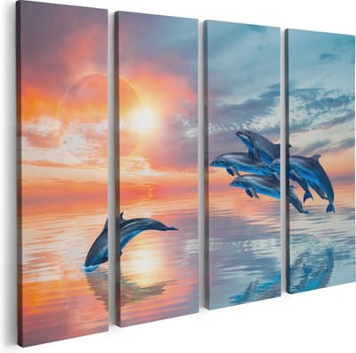 Artaza Canvas Schilderij Vierluik Groep Dolfijnen Springen uit het Water - 80x60 - Foto Op Canvas - Canvas Print