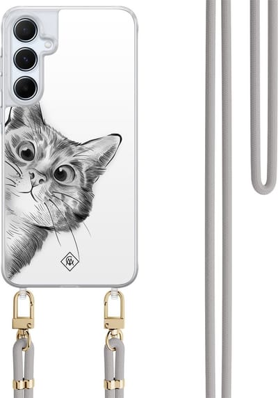 Casimoda® hoesje met koord - Geschikt voor Samsung A35 - Peekaboo Kat - Afneembaar koord - TPU/polycarbonaat - Grijs