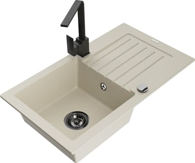 Mexen Pablo granieten spoelbak 1-komor met afdruiprek en keukenkraan Rita, beige - 6510-69-670300-70