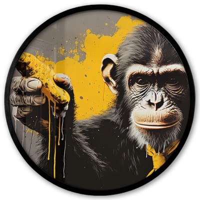 Poster in lijst Rond - Fotolijst 40x40 cm - Posters - Aap - Chimpansee - Banaan - Geel - Dieren - Stropdas - Ronde posterlijst zwart - Decoratie - Wanddecoratie woonkamer - Muurdecoratie slaapkamer