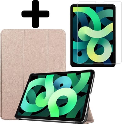 Hoes - Geschikt voor Apple iPad Air 4 (2020) - 10.9 inch - 4e Generatie - Met Screenprotector - Trifold Bookcase - Hard Cover - Hardcover Book Case - Tablet Hoesje - Goud