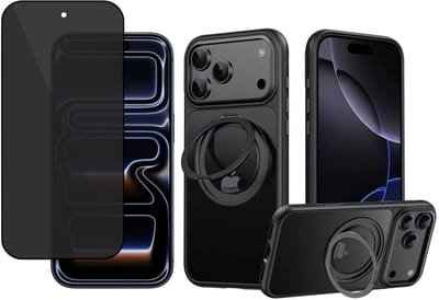 Hoesje met Ringhouder & Privacy Screenprotector geschikt voor iPhone 17 Pro - Geschikt voor MagSafe - 360° Kickstand - Gehard Glas Cover – Zwart