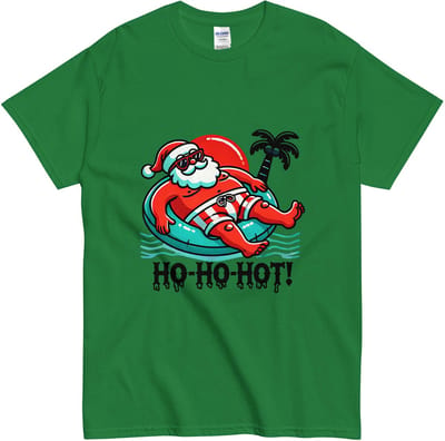 Dames Heren T Shirt met Grappig Zomer Opdruk - Santa op Vakantie - Groen - S