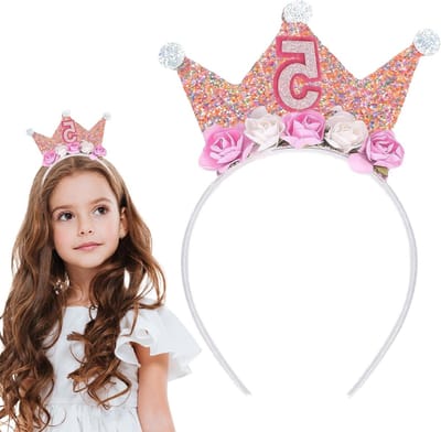 Verjaardagshoofdband voor Meisjes, 5 Jaar, Met Rozenbloemen, Feestelijke Versiering en Cadeau voor Baby's en Kinderen