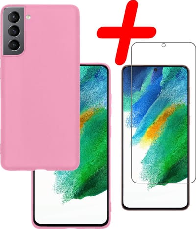 Hoesje Met Screenprotector - Geschikt voor Samsung Galaxy S21 FE - Sterk & Shockproof - Back Cover - Siliconen Case - Telefoon Hoes - Lichtroze