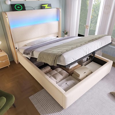 Pugsdrly Modern hydraulisch bed met hoog hoofdeinde, eenpersoonsbed 90 x 200 cm met ledverlichting, opbergruimte en USB/Type-C-poorten, beige linnenlook (zonder matras)