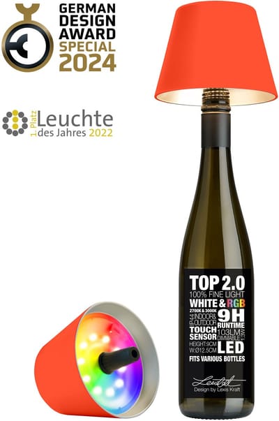 Sompex Flessenlamp " TOP " met houdbare kurk| 2.0 Led| Neon oranje - indoor / outdoor - oplaadbaar | RGB
