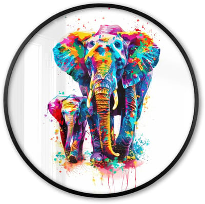 Poster in lijst Rond - Fotolijst 60x60 cm - Posters - Olifanten - Dieren - Verf - Kleurrijk - Ronde posterlijst zwart - Decoratie - Wanddecoratie woonkamer - Muurdecoratie slaapkamer