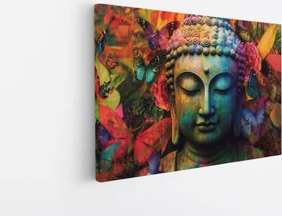 Saammp Canvas Schilderij - Boeddha met vlinders - Abstract - 45x30 - Foto op canvas - Wanddecoratie - Muurdecoratie Woonkamer - Canvas schilderijen
