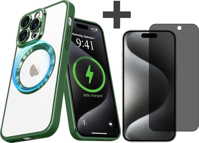 Hoesje met Privacy Screenprotector Geschikt voor iphone 15 Pro Max Hoesje - Geschikt voor MagSafe - Arara siliconen Backcover - Groen