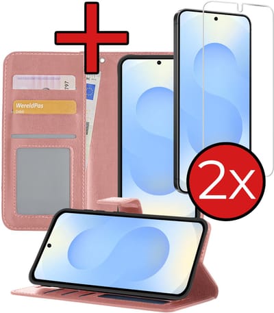 Hoesje - Met 2x Screenprotector - Geschikt voor Samsung Galaxy S25 Edge - Luxe Pasjeshouder - Flip Case - Bookcase Portemonee - Kunstleer Book Case - Flipcase Hoes - Book Cover - Walletcase - Portemonneehoes - Telefoonhoes - Rosé goud