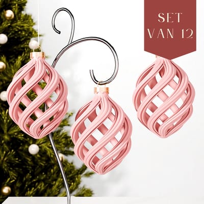 Fleuriek – Spiraalvormige Kerstballen – Mat Roze, Set van 12 – Luxe Kerstdecoratie – Lichtgewicht & Onbreekbaar – Sfeervolle Kerstversiering met Modern Accent
