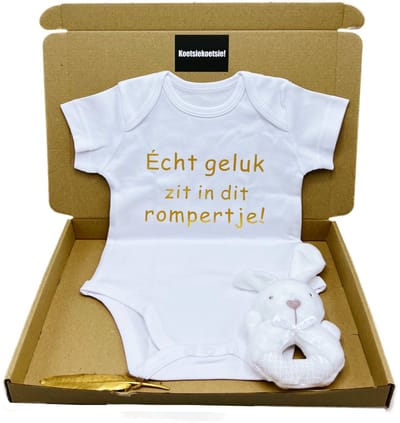 Kraamcadeau romper met rammelaar, unisex, zwangerschapscadeau, kraamcadeau brievenbuspakket, rechtstreeks leveren mogelijk
