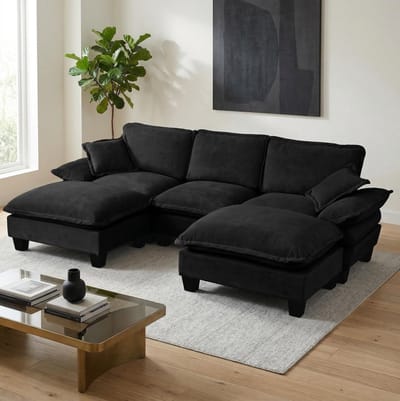 STILVORA U-Bank 263x151 Cm - Modulaire Hoekbank Met 2 Verplaatsbare Hockers - Voor Woonkamer En Appartement - Chenille Zwart