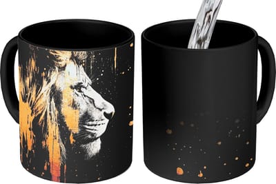 Magische Mok - Foto op Warmte Mokken - Koffiemok - Portret - Leeuw - Abstract - Goud - Magic Mok - Beker - 350 ML - Theemok