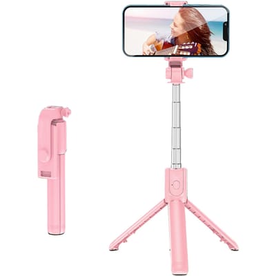 Live Video Statief Selfie Stick Roestvrij Staal Telescopisch Opvouwbaar Draagbare Selfie Stick met Afstandsbediening roze