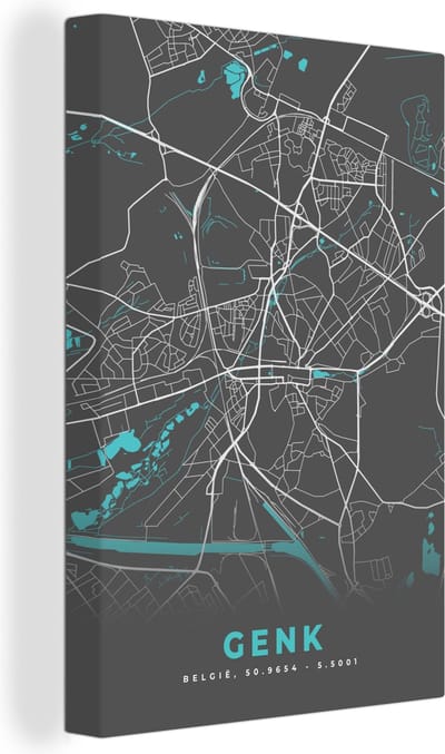 Canvas Schilderij Kaart – Plattegrond – Stadskaart – Genk – België - Grijs - 20x30 cm - Wanddecoratie