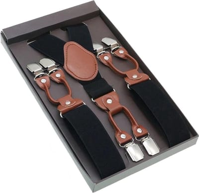 Luxe chique bretels - Zwart effen dessin - Sorprese - 6 stevige clips - midden bruin leer - heren - unisex