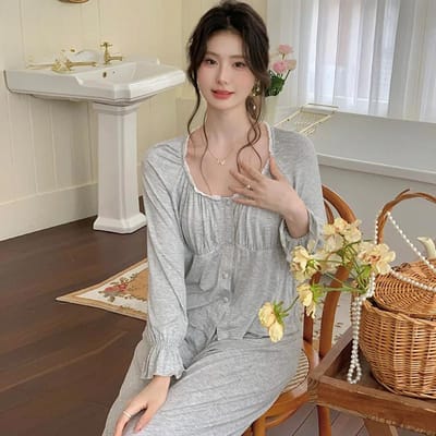 Pyjama's Dames Herfst Nieuw Katoen Ronde Hals Lange Mouwen Broek Stijl Bovenkleding XL gray