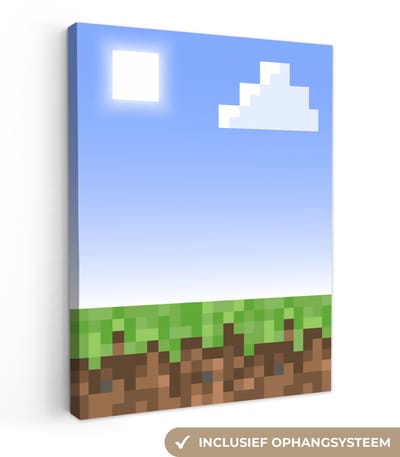 Canvas schilderij 30x40 cm - Wanddecoratie Gaming - Pixel - Gamen - Gras - Muurdecoratie game room - Gaming kamer decoratie - Gameroom accessoires - Schilderijen