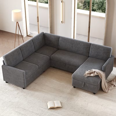 OKWISH U-Bank 274 x 220 cm - Slaapfunctie En Opbergruimte - Voor Woonkamer En Logees - Corduroy - Grijs