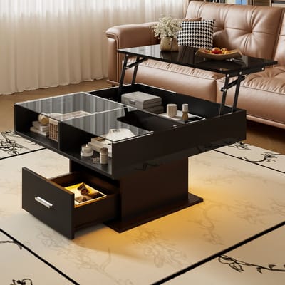 MODENUIT Salontafel - In Hoogte Verstelbaar Met LED En Opbergruimte - Voor Woonkamer - Spaanplaat Zwart - 78x78 cm