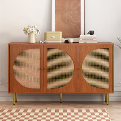 Dressoir - 129.8x40x76 cm - Met 3 Rotan Deuren En Metalen Grepen - MDF - Walnoot