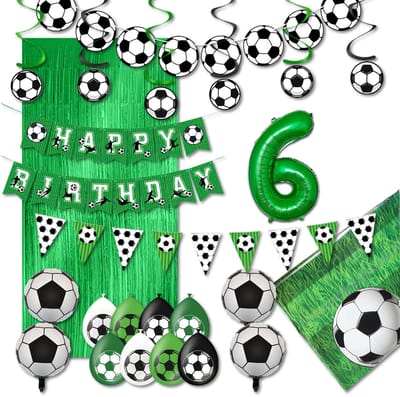 LUQ – Verjaardag 6 Jaar Voetbal Set – Groen-Zwart-Wit – Kinderfeest Football Decoratie – Birthday Versiering Pakket