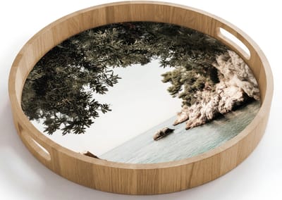 Dienblad rond 40x40 cm - Schootdienblad hout - Rotsen - Zee - Boom - Groen - Borrelplank rechthoek - Plateau houten dienbladen