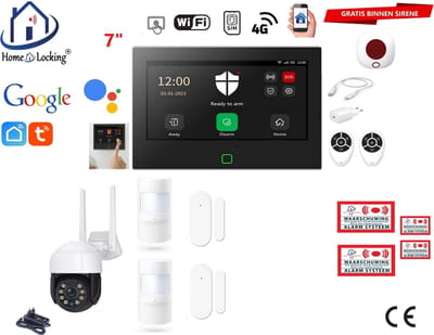 Draadloos / bedraad alarmsysteem met 7-inch touchscreen voor woning/camper/boot/caravan werkt met wifi en sim kaart en met spraakgestuurde apps. (Nederlands of Frans stem en tekst). ST01B-62